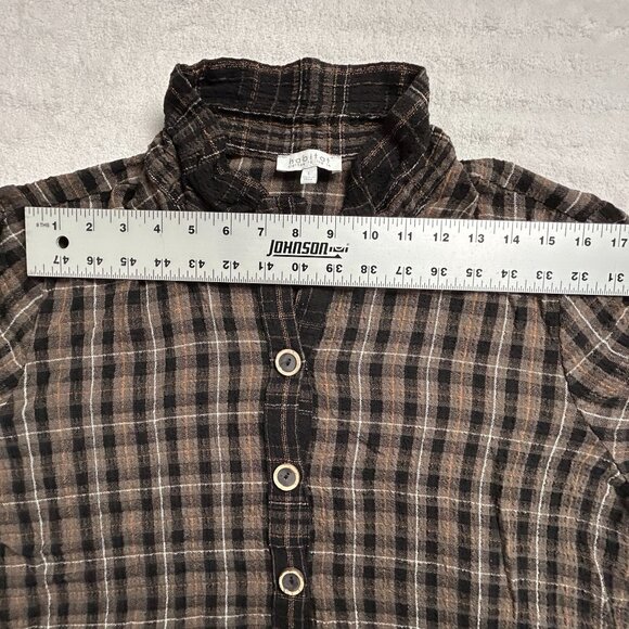 Habitat Womens Plaid Button-Up Ruffle Hem Jacket Large Lagenlook Brown Black - Picture 6 of 8